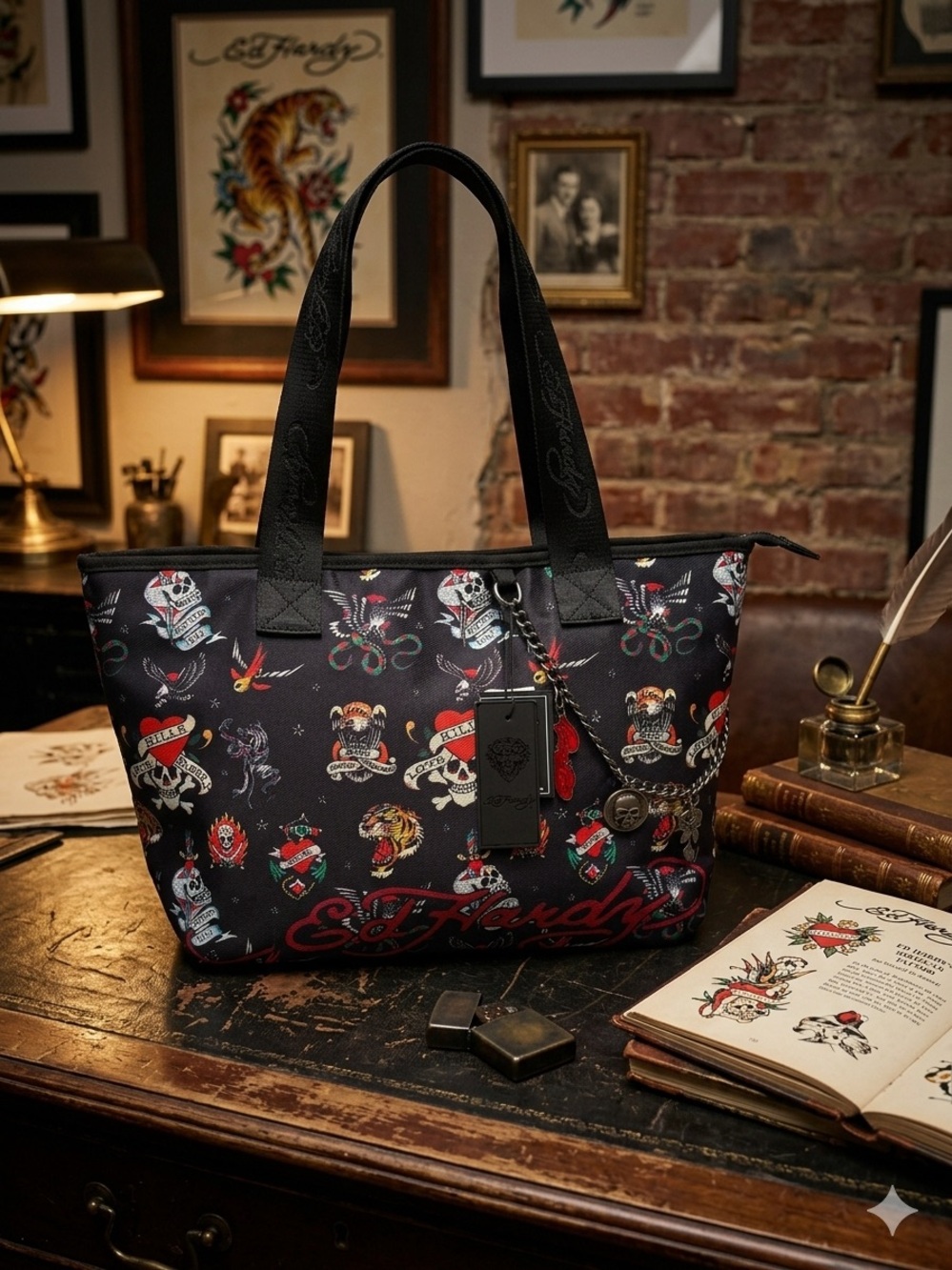 Ed Hardy “Love Kills Slowly” Tattoo Print Tote Bag NWT Black